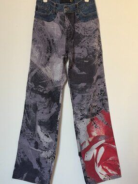 Vintage Just Cavalli Rose Print Jeans Y2K Made in Italy Straight Leg Size 28